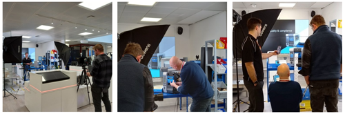 Three behind the scenes filming images at Zebra for the Perceptor IoT launch videos, showing presenter and videographer preparing shots