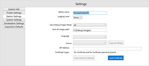 Station settings screen and data fields