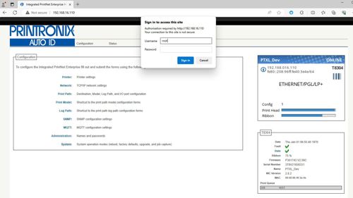 Type in IP address for TSC Printronix printer and log in