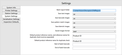 System settings screen and data fields