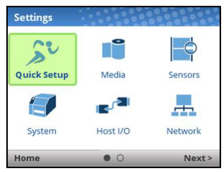 Settings screen with Quick Setup highlighted in green